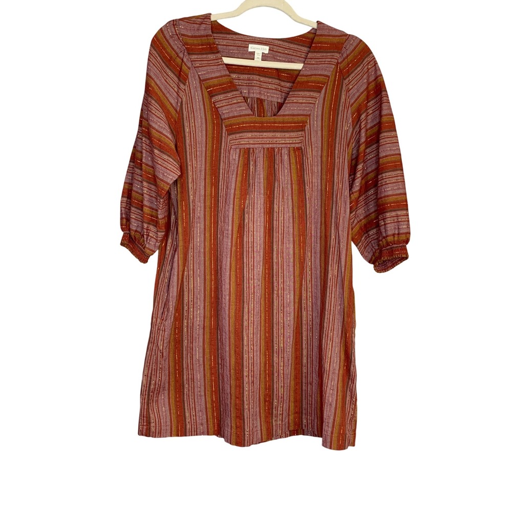 Garnet Hill Women's‎ XS Tunic Dress Striped V Neck 3/4 Sleeve Orange Gold